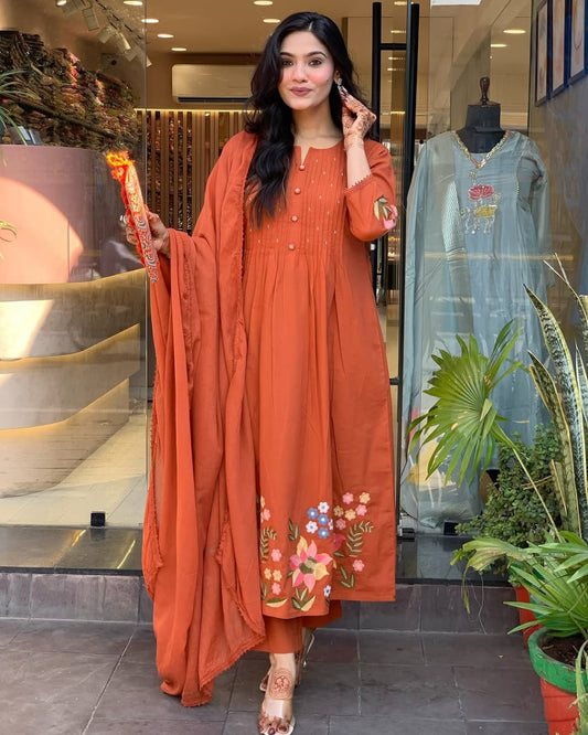 Rust Orange Floral Embroidered Kurta Set