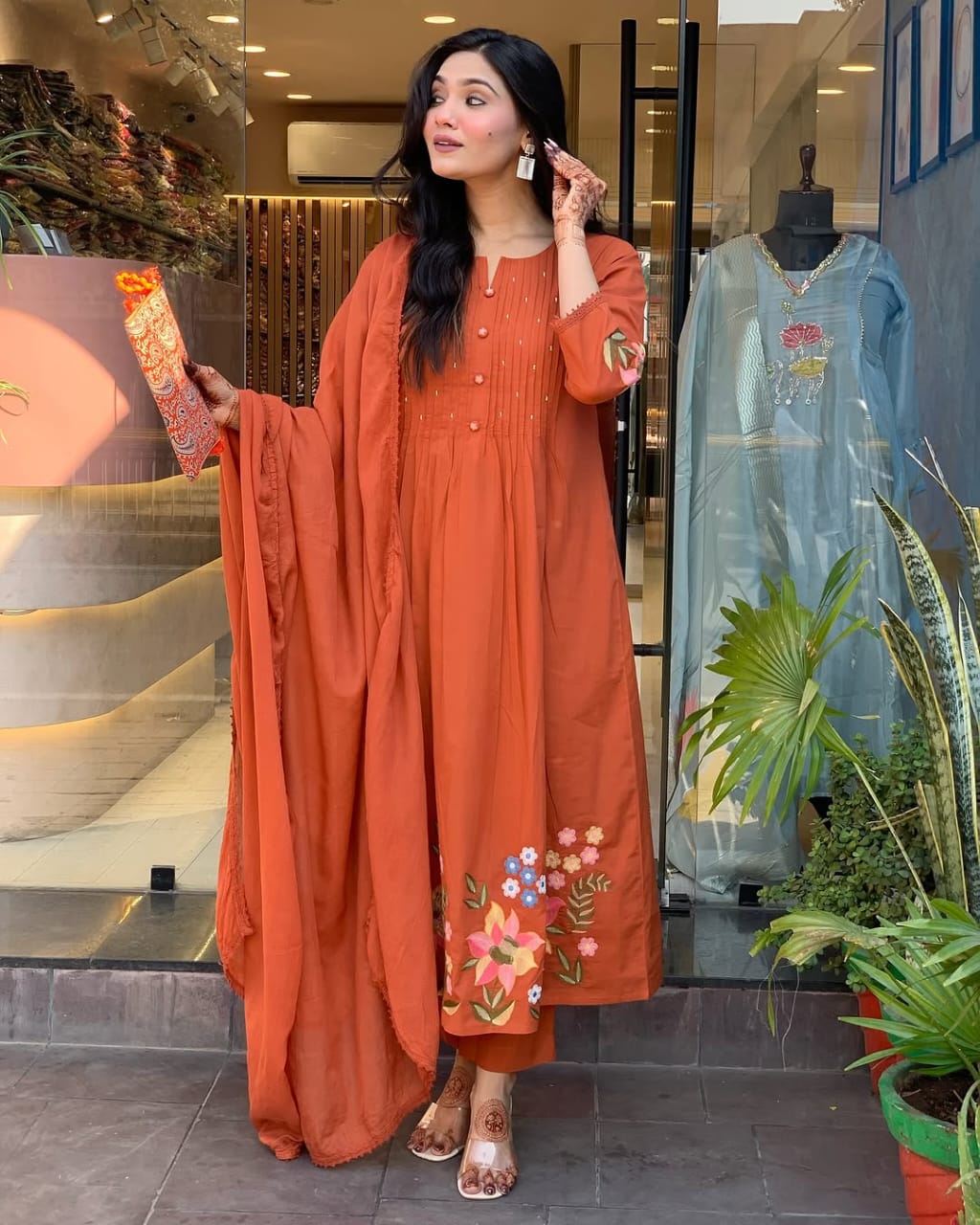 Rust Orange Floral Embroidered Kurta Set