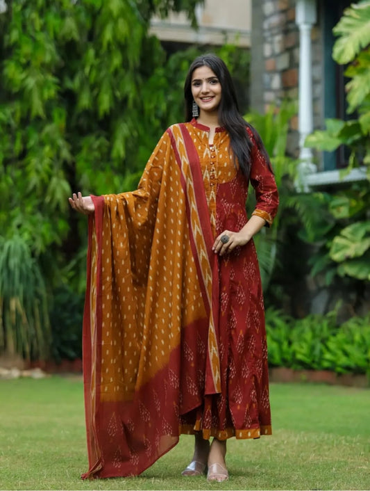 Red and Mustard Block Printed Layered Anarkali Kurta Set