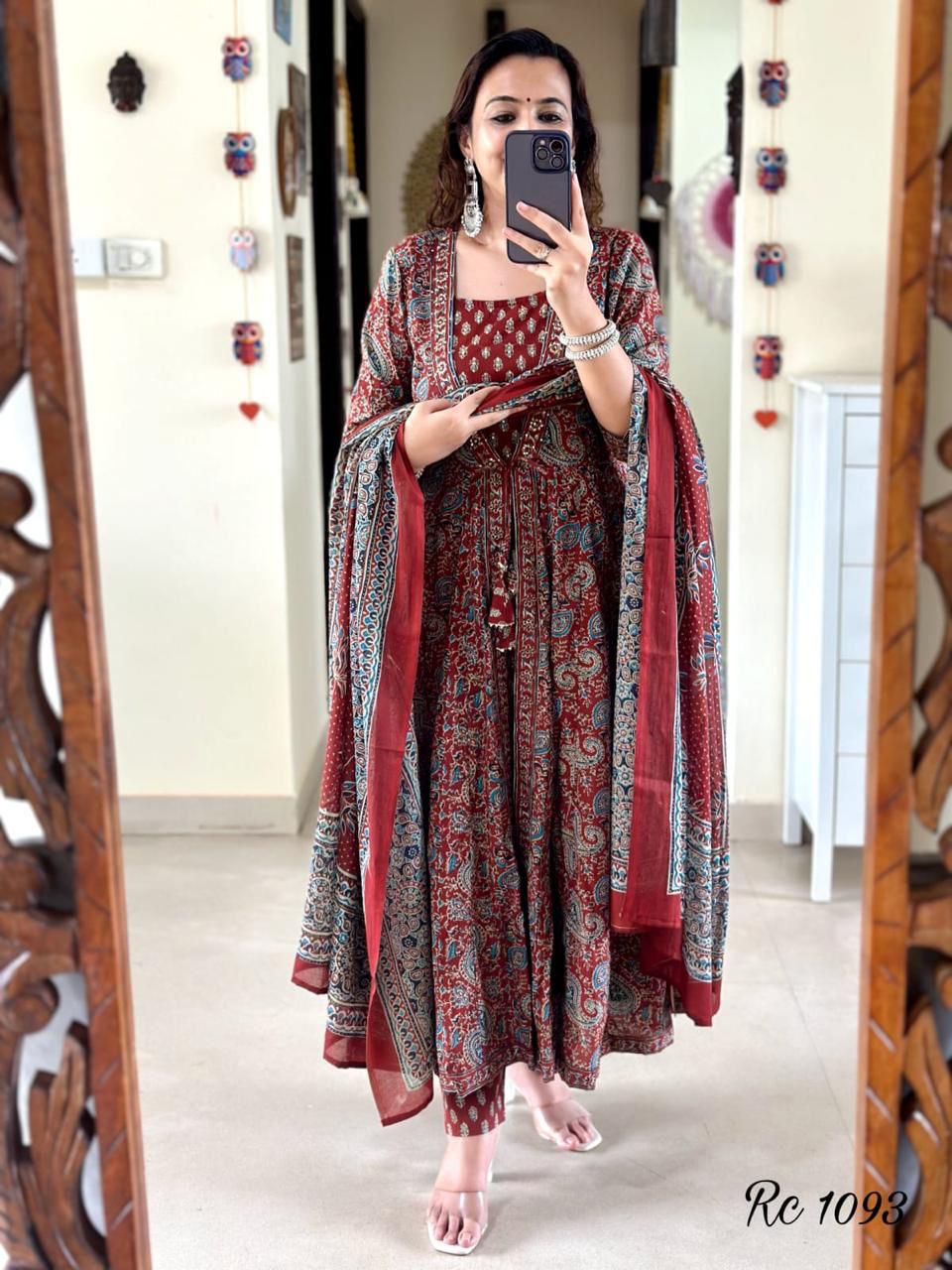 Maroon Jacket Style Block Printed Anarkali Set