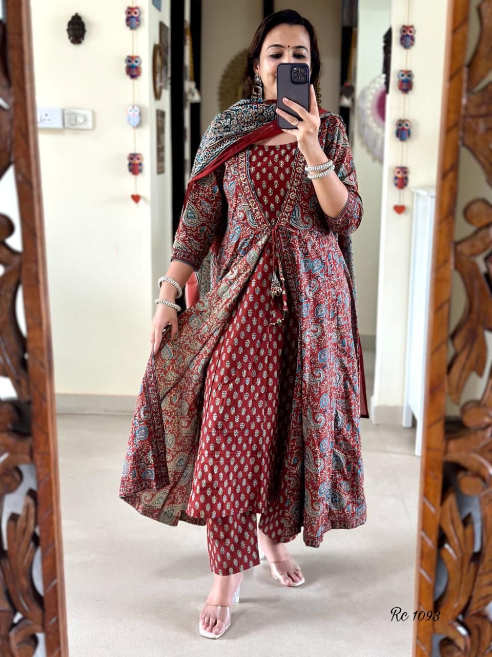 Maroon Jacket Style Block Printed Anarkali Set