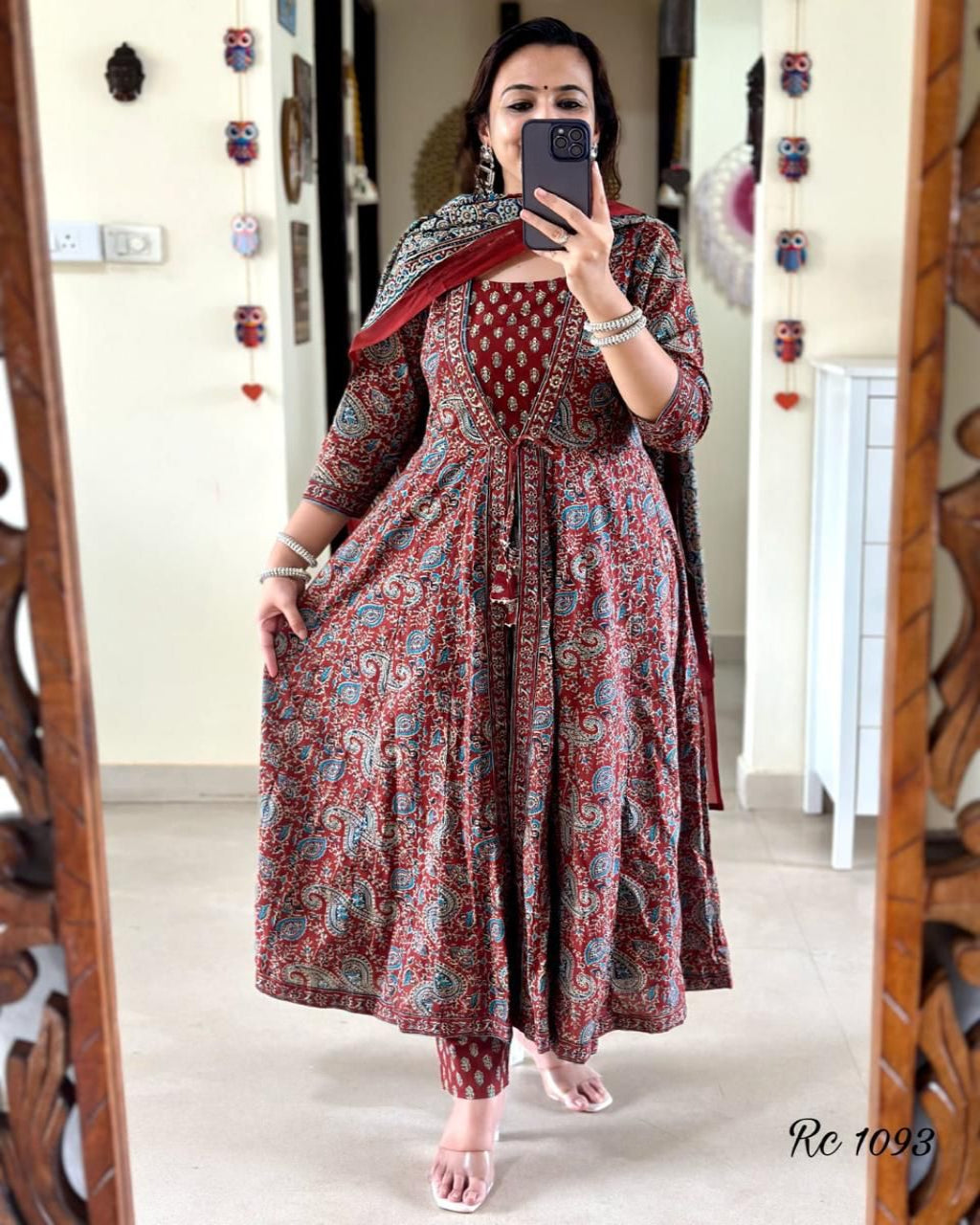 Maroon Jacket Style Block Printed Anarkali Set