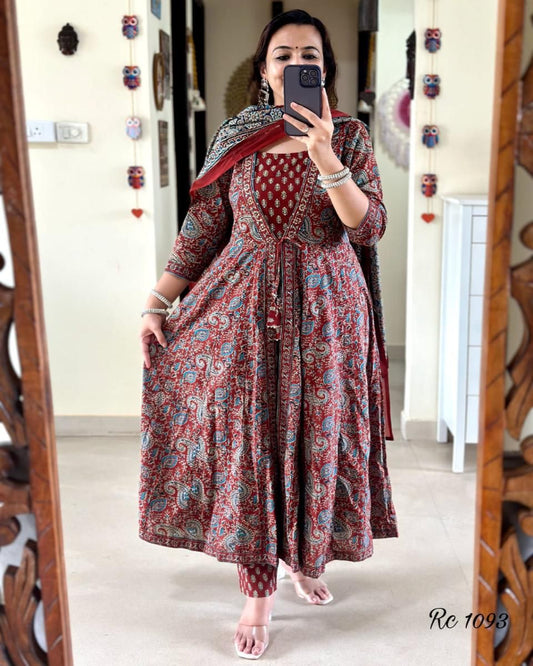 Maroon Jacket Style Block Printed Anarkali Set
