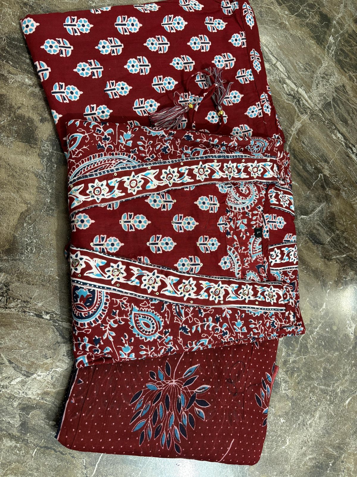 Maroon Jacket Style Block Printed Anarkali Set