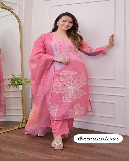 Pink Cotton Schiffli Sequin Kurta Set