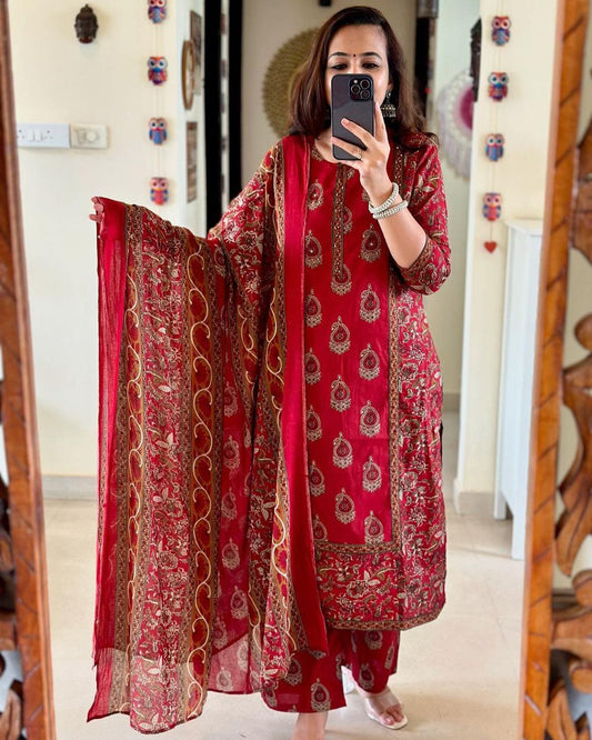 Red Printed Motif Cotton Kurta Set