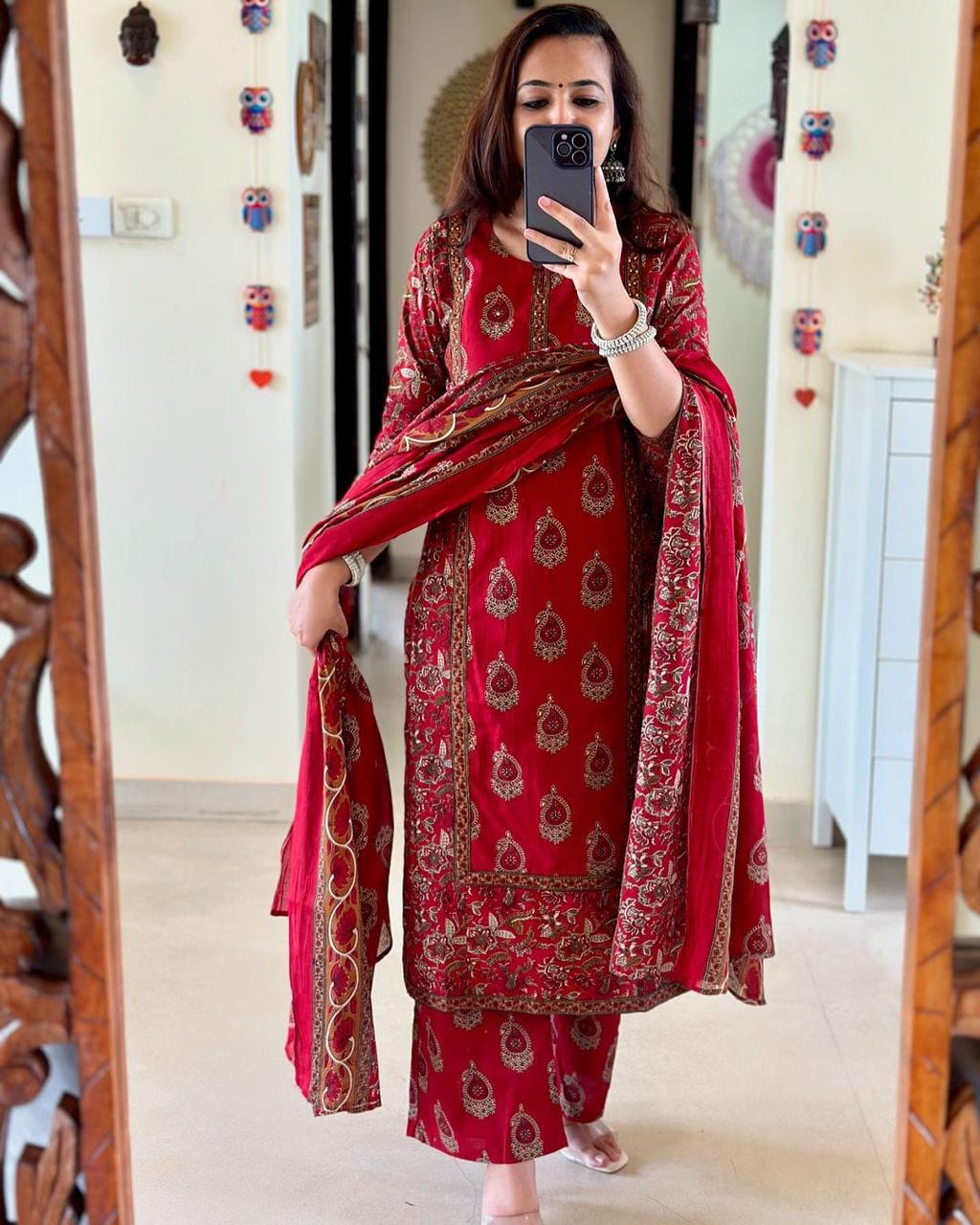 Red Printed Motif Cotton Kurta Set