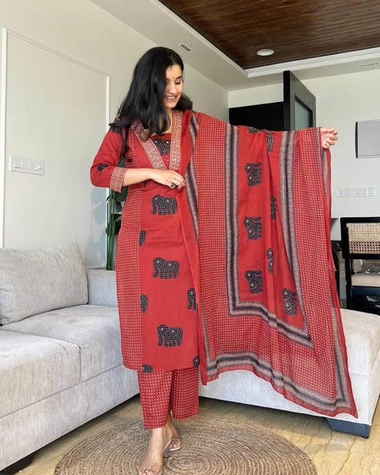 Red and Black Ajrakh Print Kurta Set
