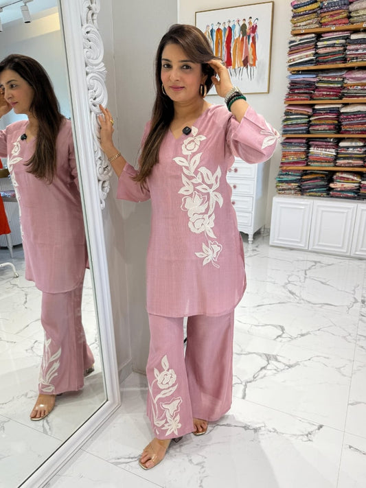 Grey/Pink Embroidered Coord Set