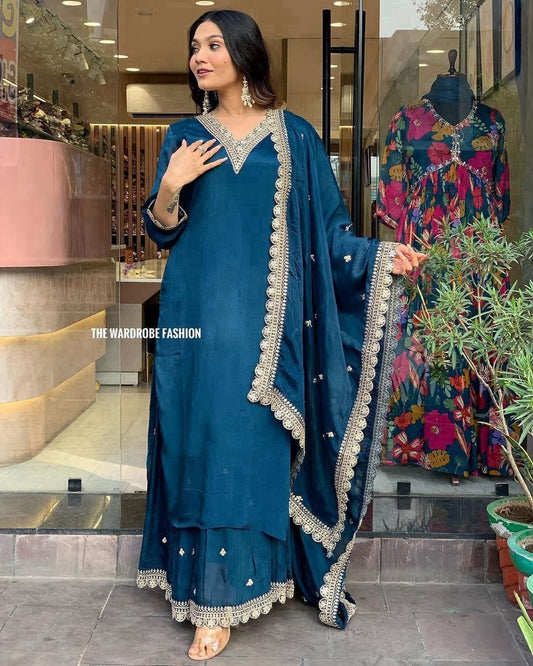 Blue Festive Embrodiered  Chinon Kurta set