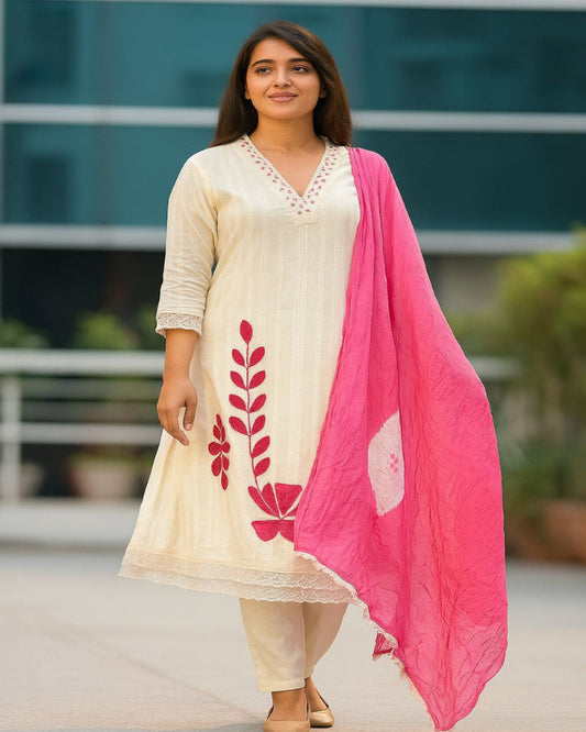 White and Pink Embroidered Kurta Set