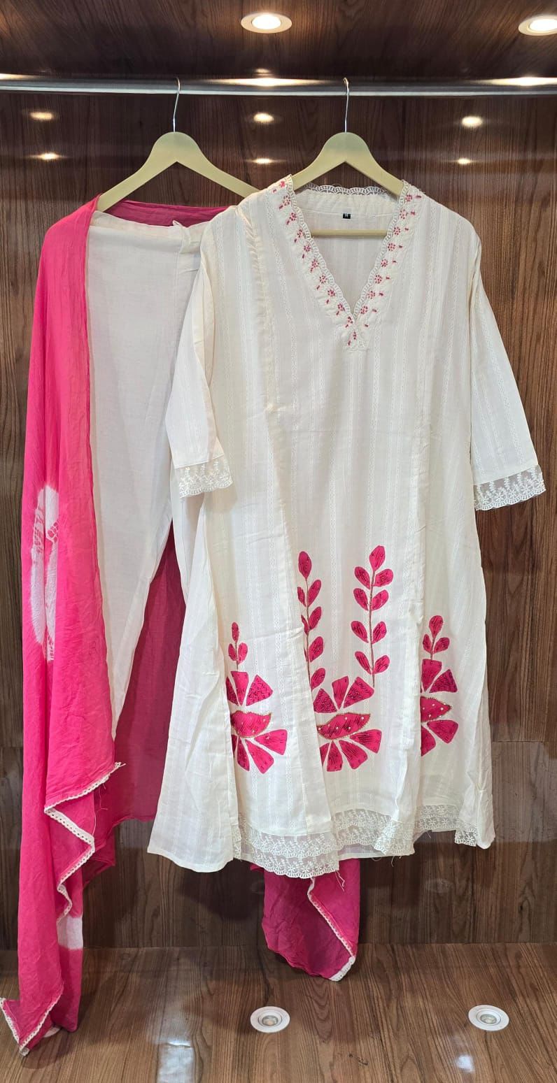 White and Pink Embroidered Kurta Set