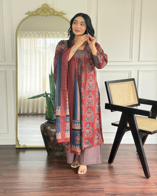 Blue/Red/Black Jaipur Ajrakh Print Kurta Set with Dupatta