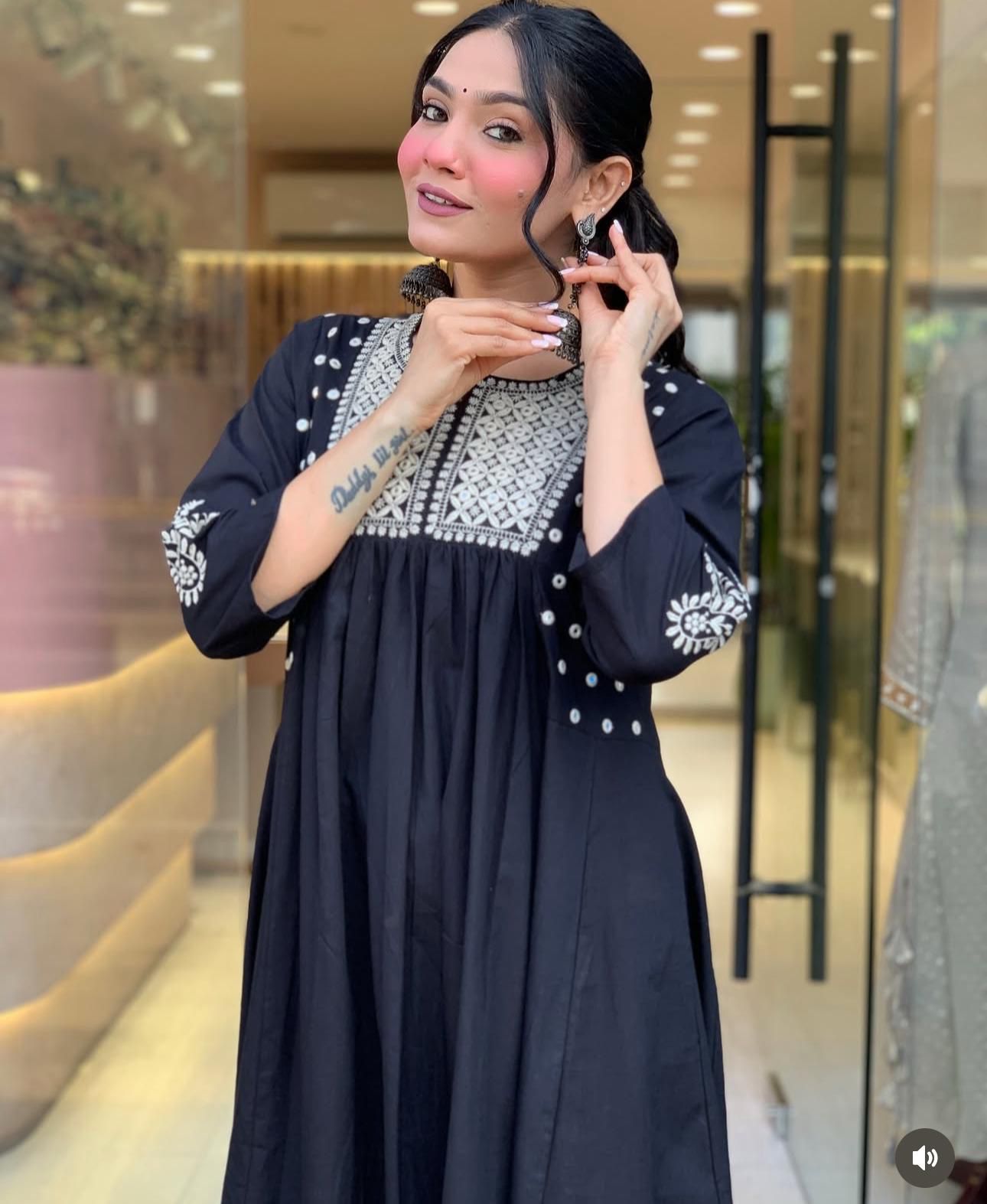 Blue/Black Embroidered Cotton Kurta Set