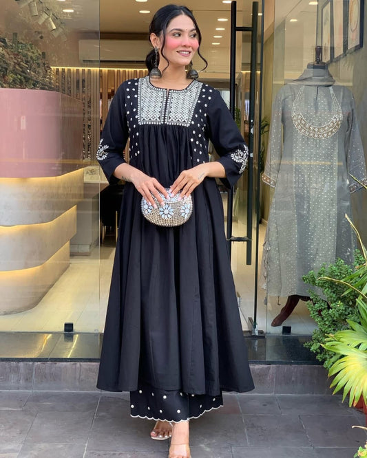 Blue/Black Embroidered Cotton Kurta Set