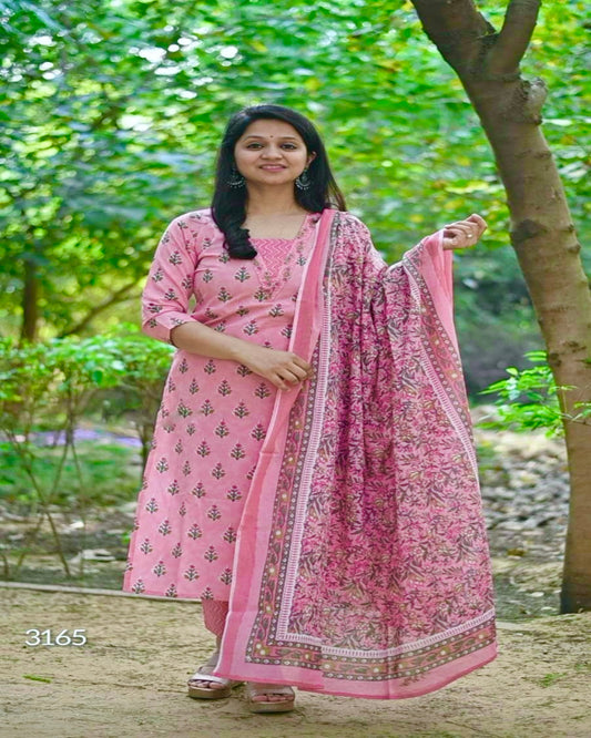 Pink Cotton Floral Printed Kurta Set