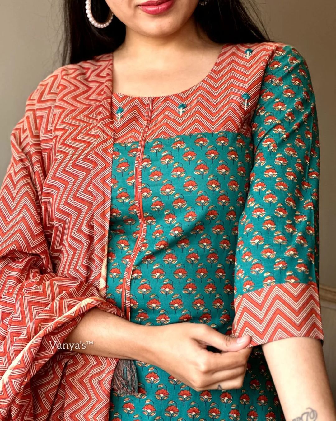 Green and Orange Cotton Kurta Set