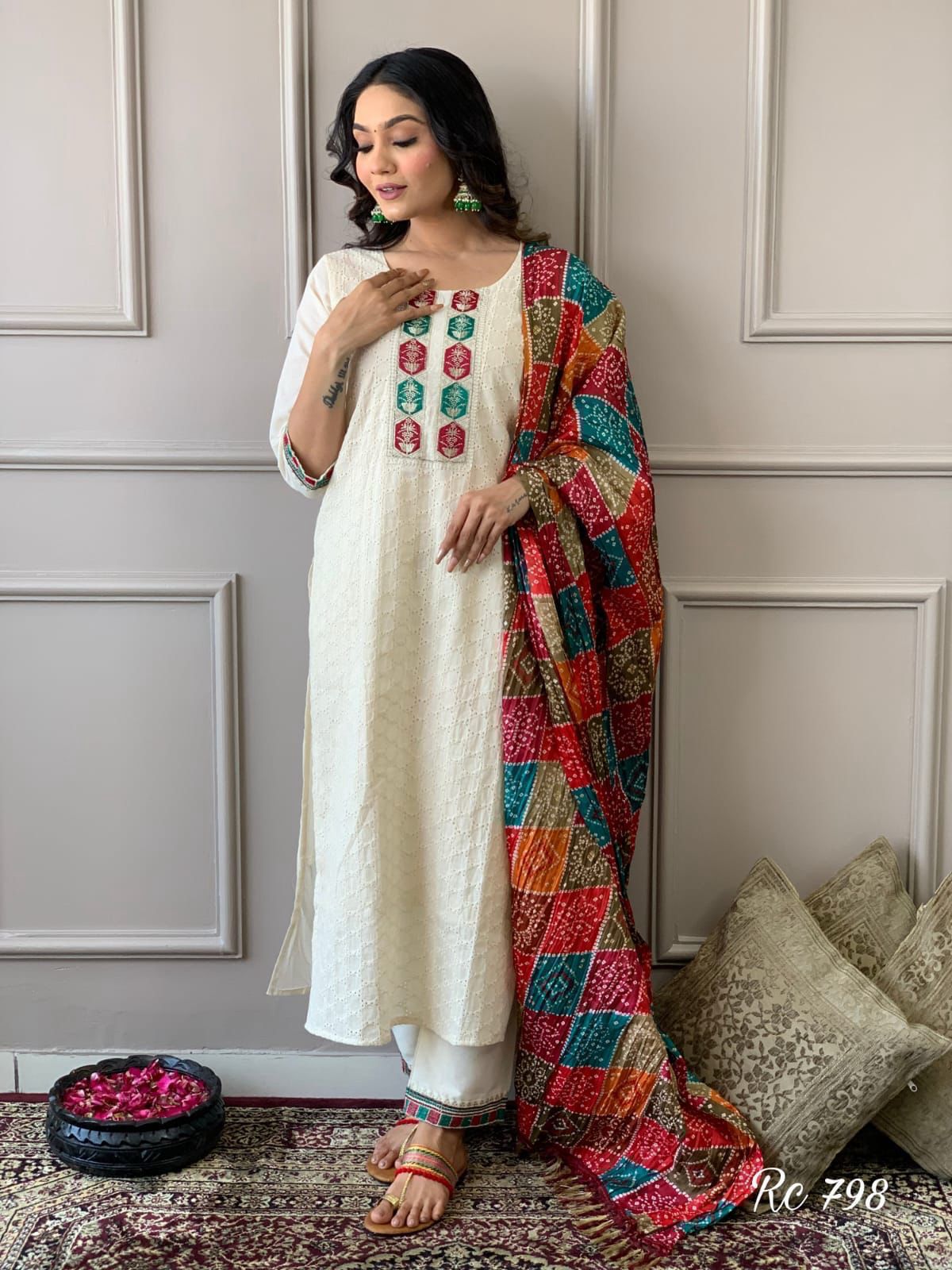 Cream Schiffli Kurta Set with Multicolored Dupatta
