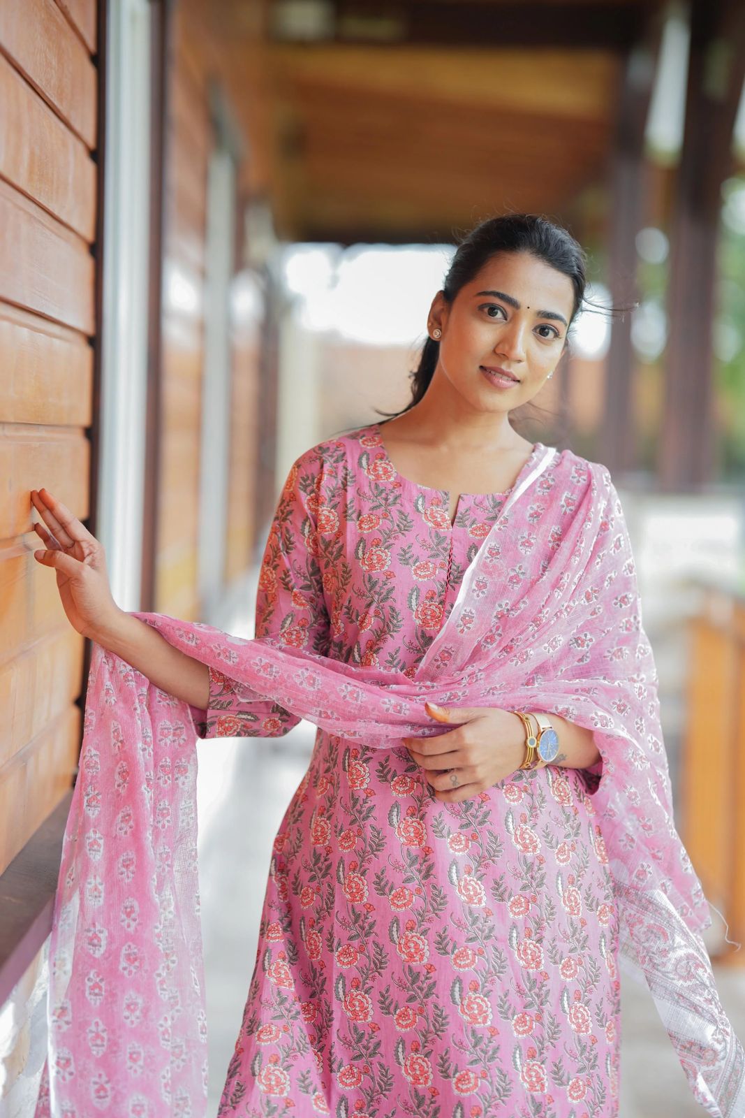 Pink Floral Block Printed Cotton Kurta Set