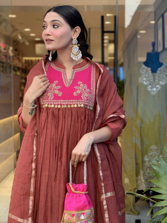 Rust Brown Embellished Kurta Set