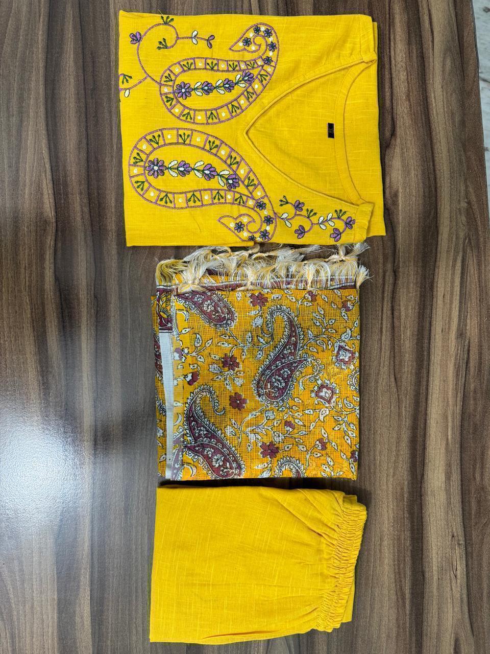 Yellow Handloom Paisley Embroidered  Kurta Set