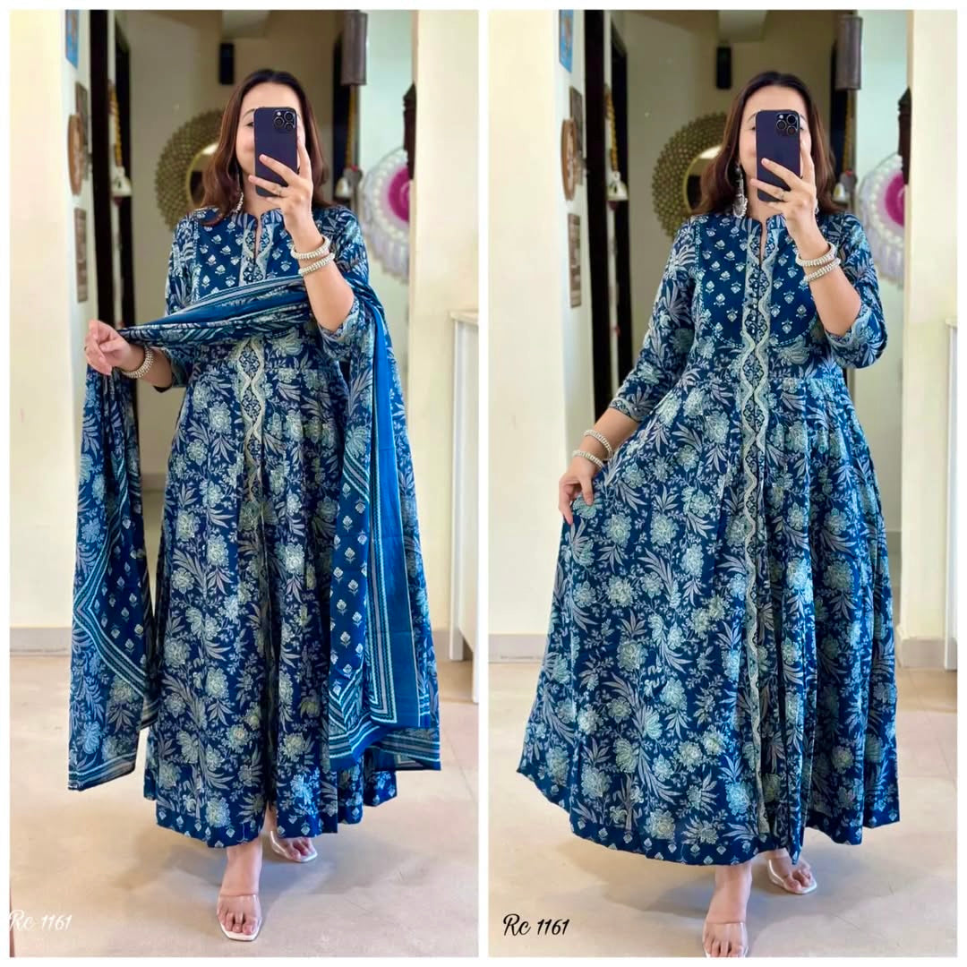 Blue Front Slit Cotton Printed Kurta Set