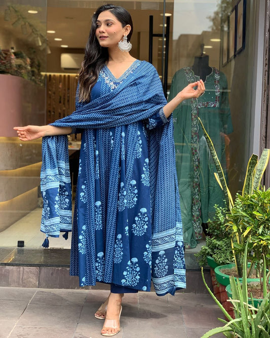 Cotton Block Printed A Line Kurta Set
