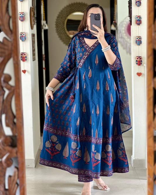 Blue Cotton Angrakha Block Printed Kurta Set
