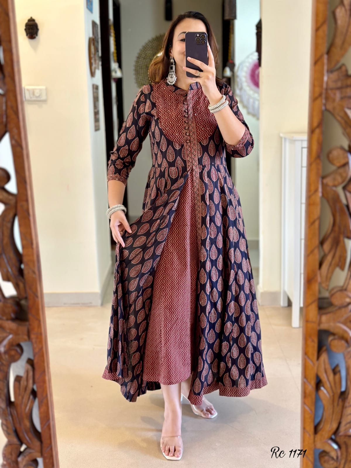 Brown and Black Block Printed Kurta Set