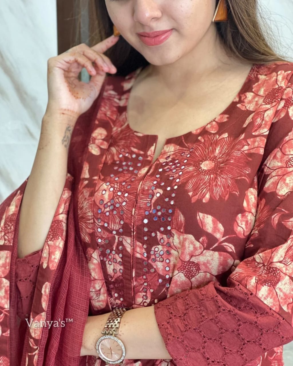 Brown Printed Schiffli Lace Kurta Set
