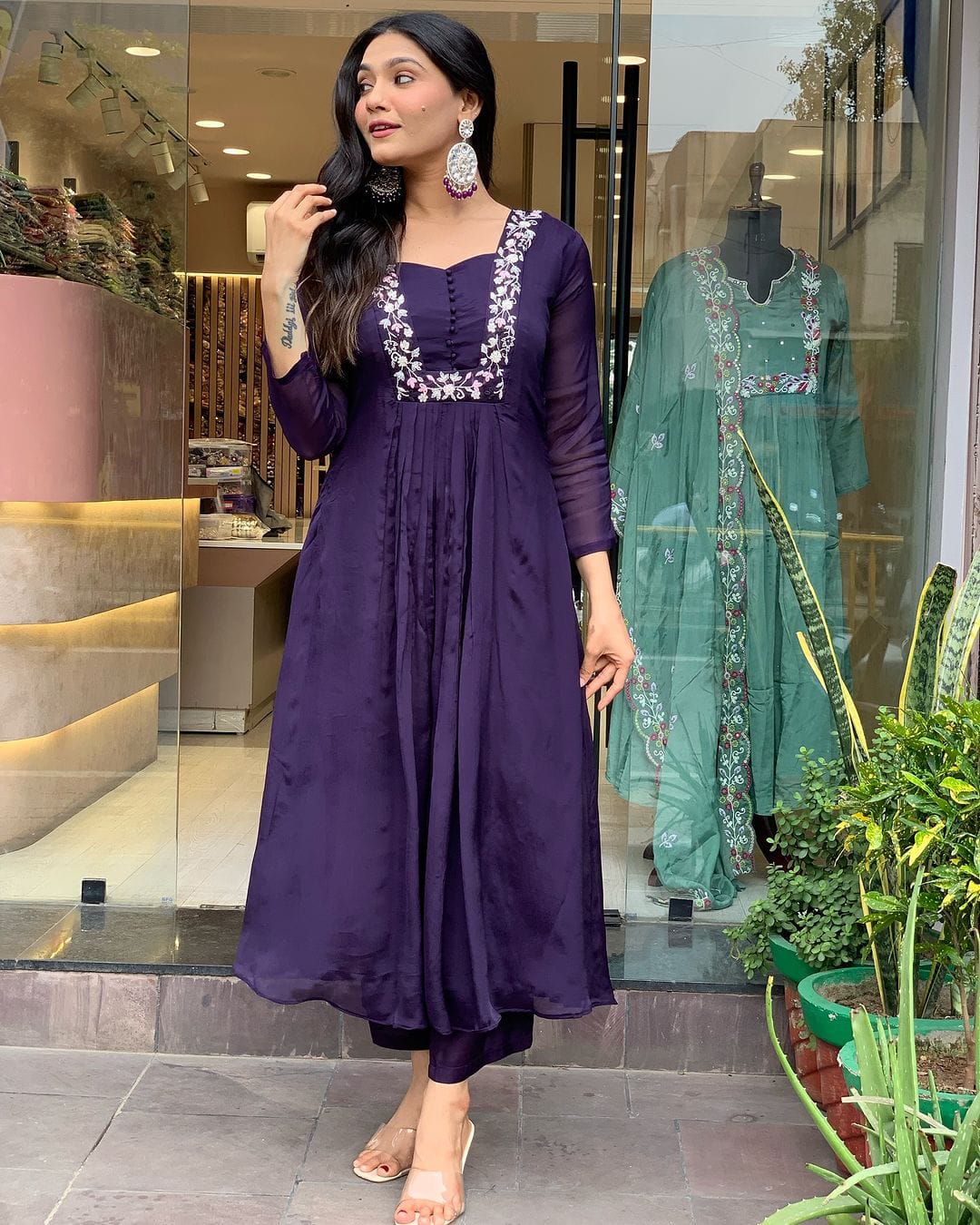 Purple Embroidered Cotton A Line Kurta Set