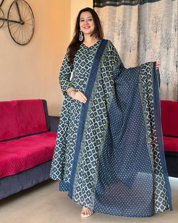 Blue Geometric Anarkali Kurta Set