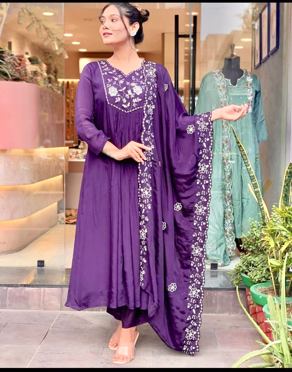 Purple Silver Embroidery Anarkali Set