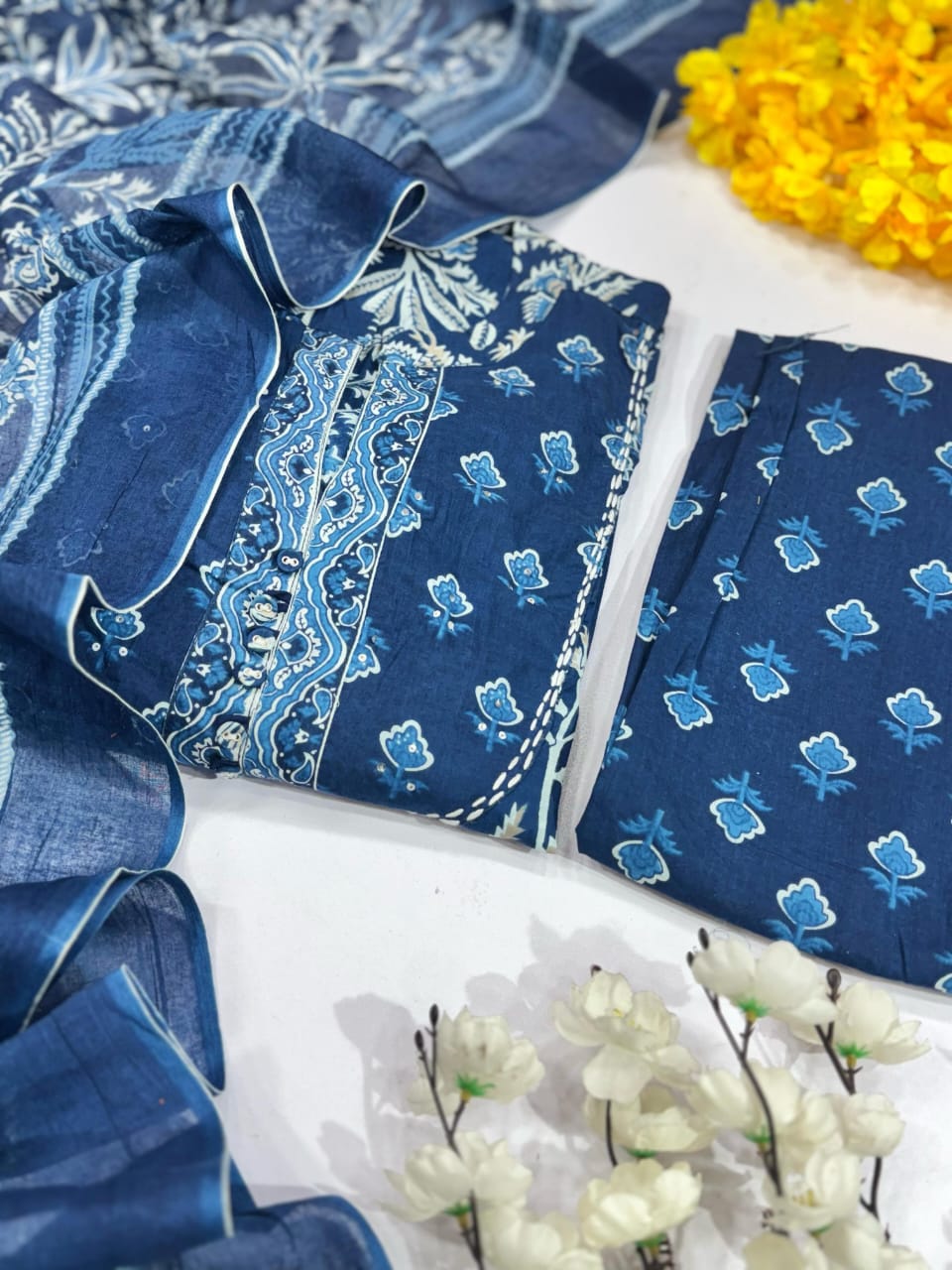 Blue Front Slit Cotton Printed Kurta Set