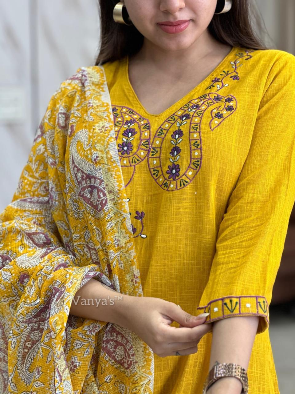 Yellow Handloom Paisley Embroidered  Kurta Set