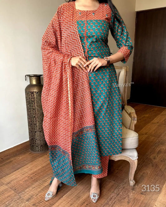 Green and Orange Cotton Kurta Set