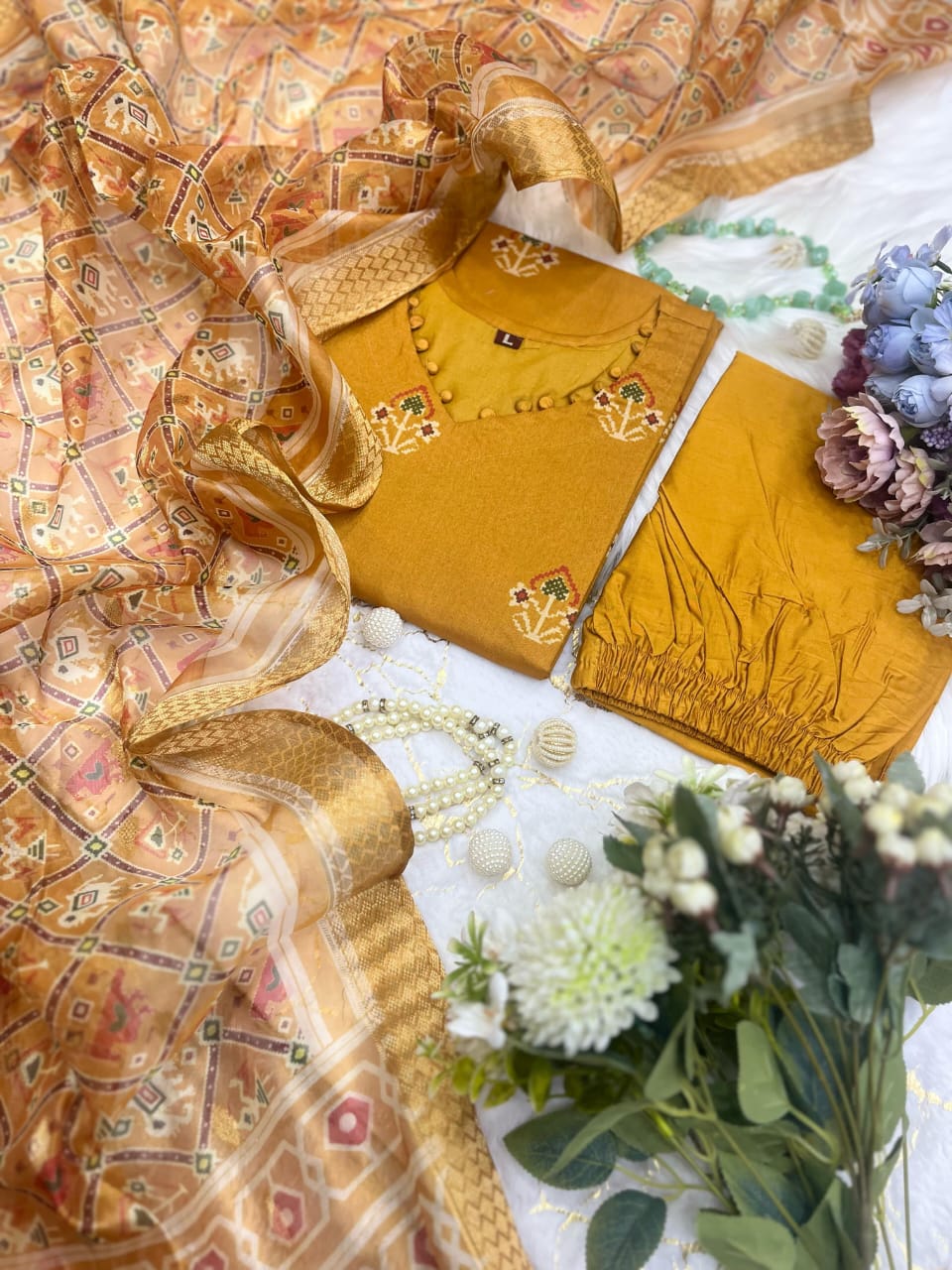 Mustard Shimmer Silk Embroidered Kurta Set