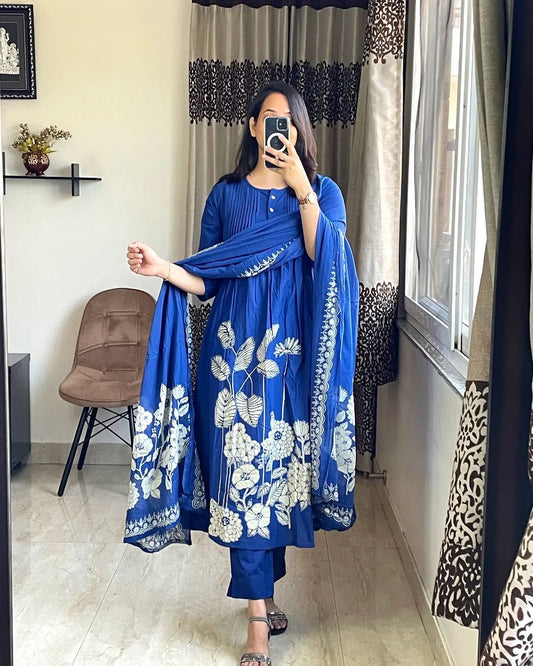 Blue Cotton Block Printed Kurta Set