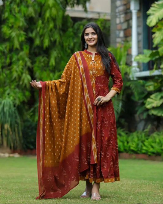 Maroon and Mustard Anarkali Ikat Style Kurta Set