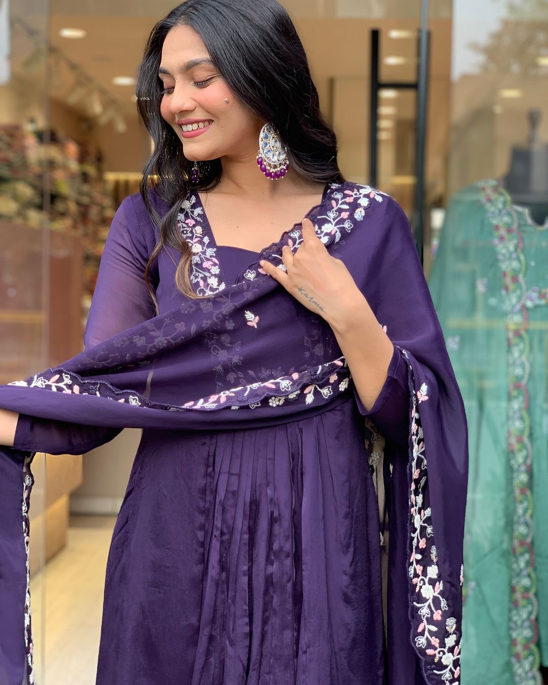 Purple Embroidered Cotton A Line Kurta Set