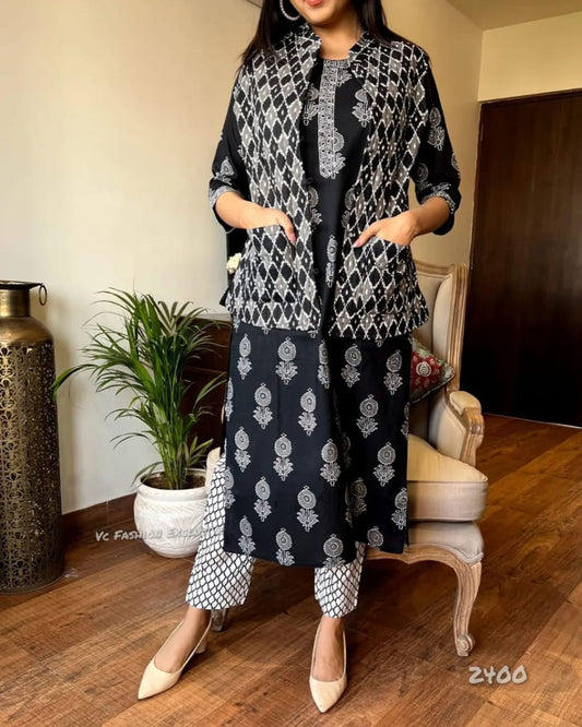Black Kurta Pants Set with Quilted Jacket