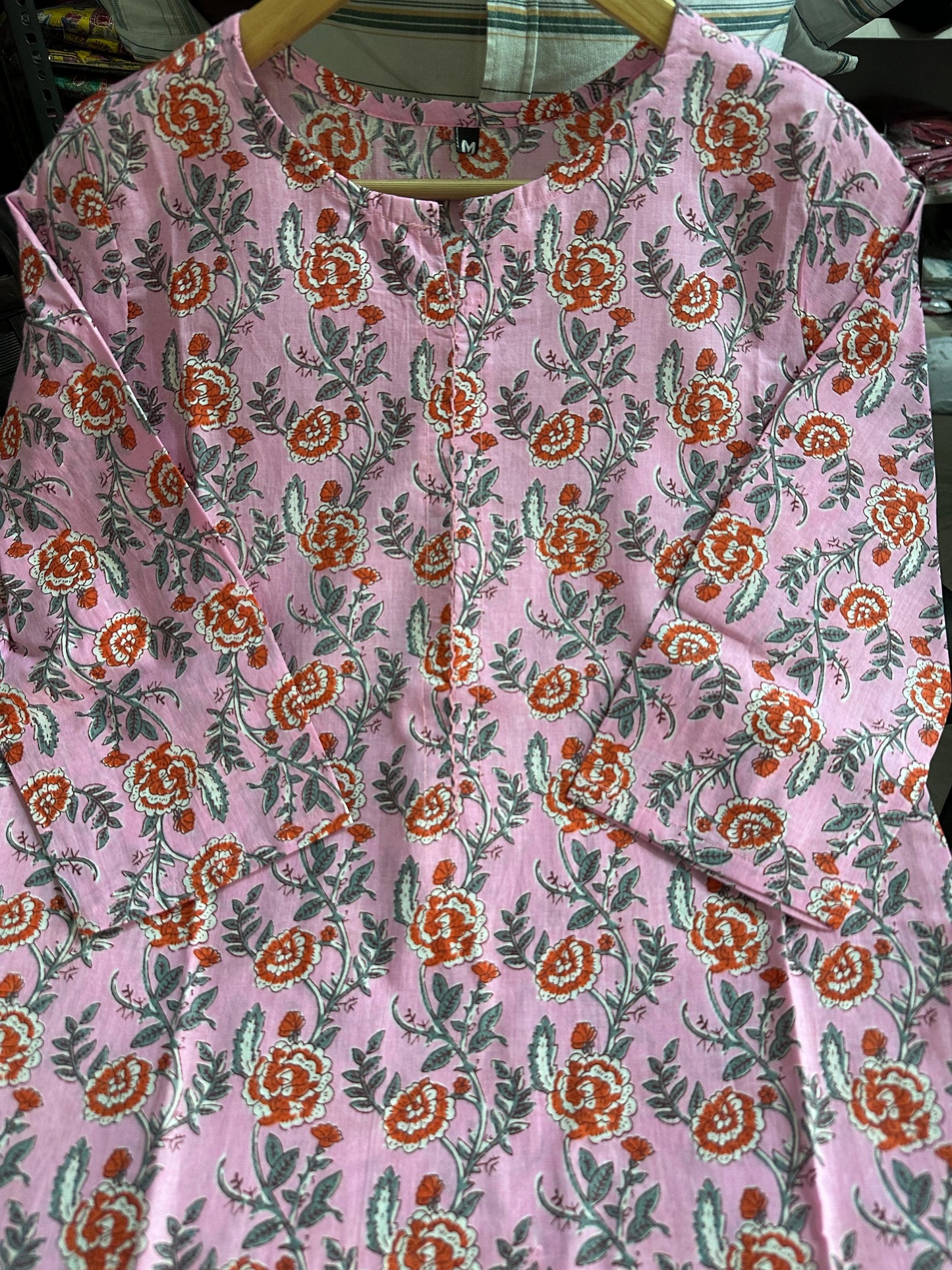 Pink Floral Block Printed Cotton Kurta Set