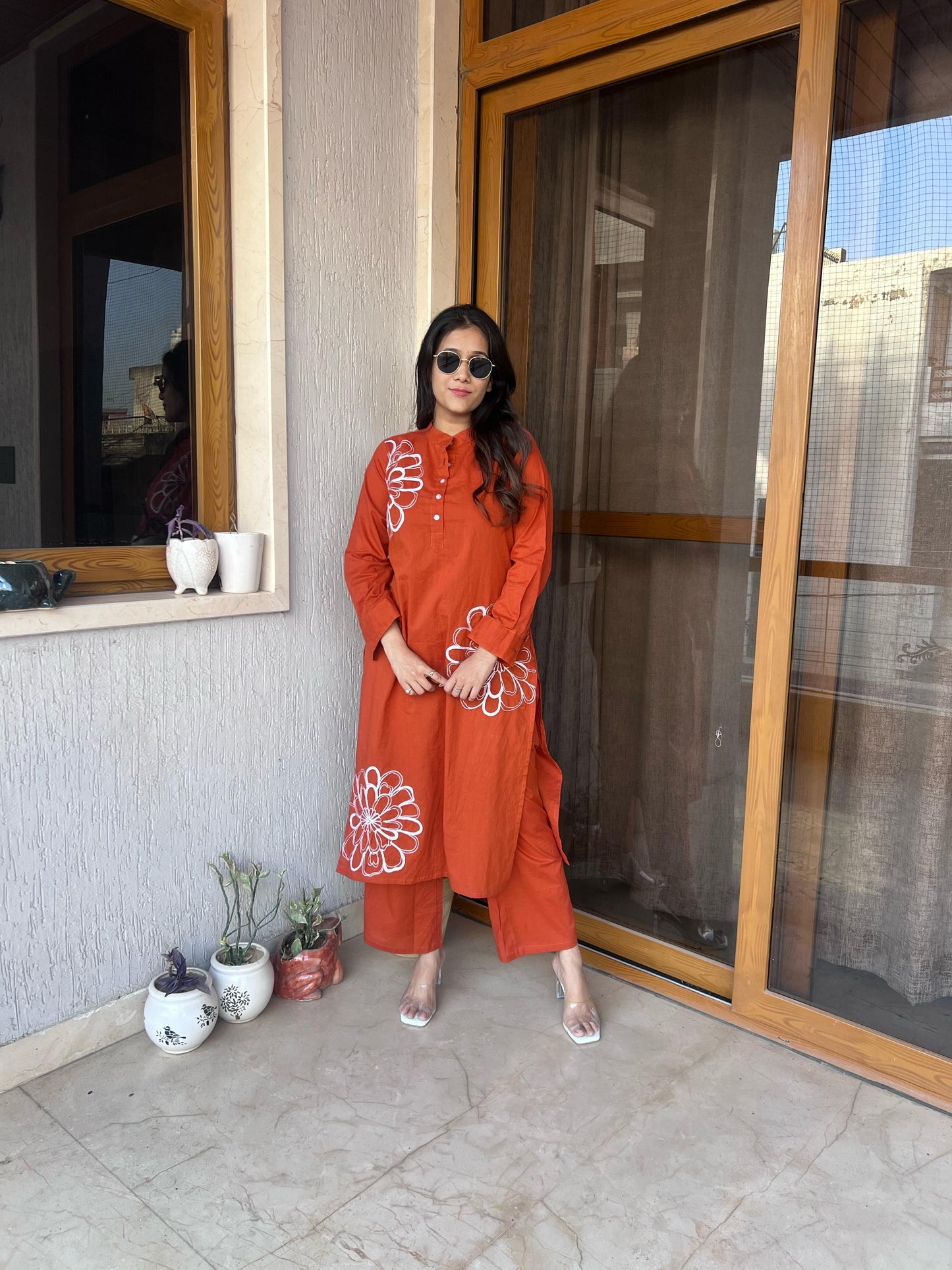 Orange Flower Embroidered Kurta Set