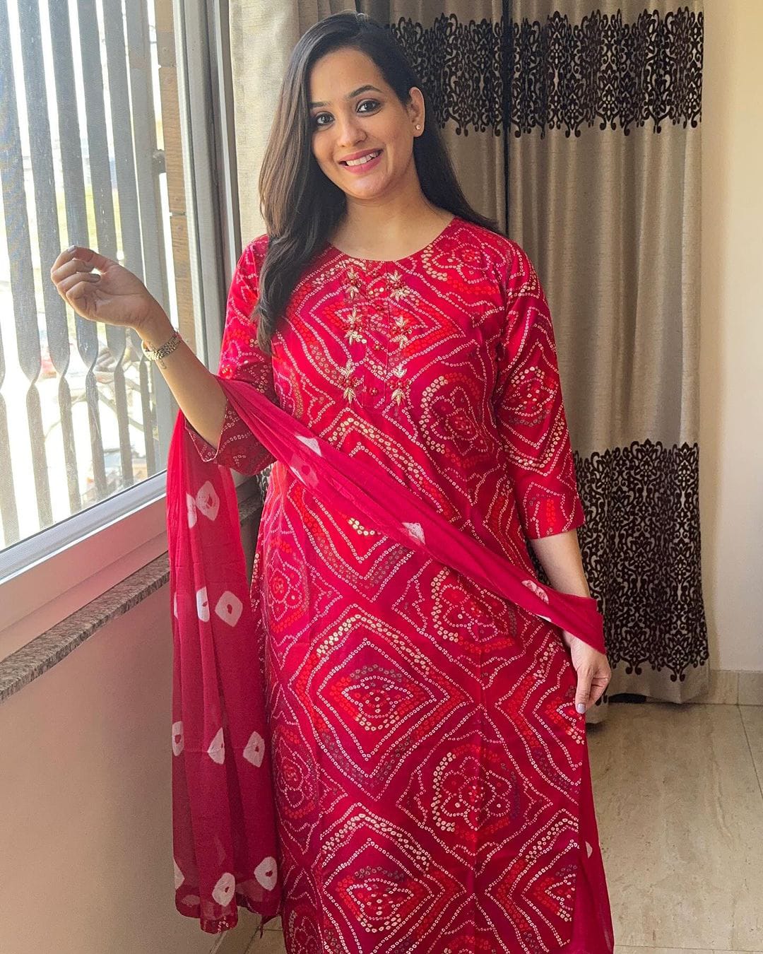Red Bandhani Kurta Set