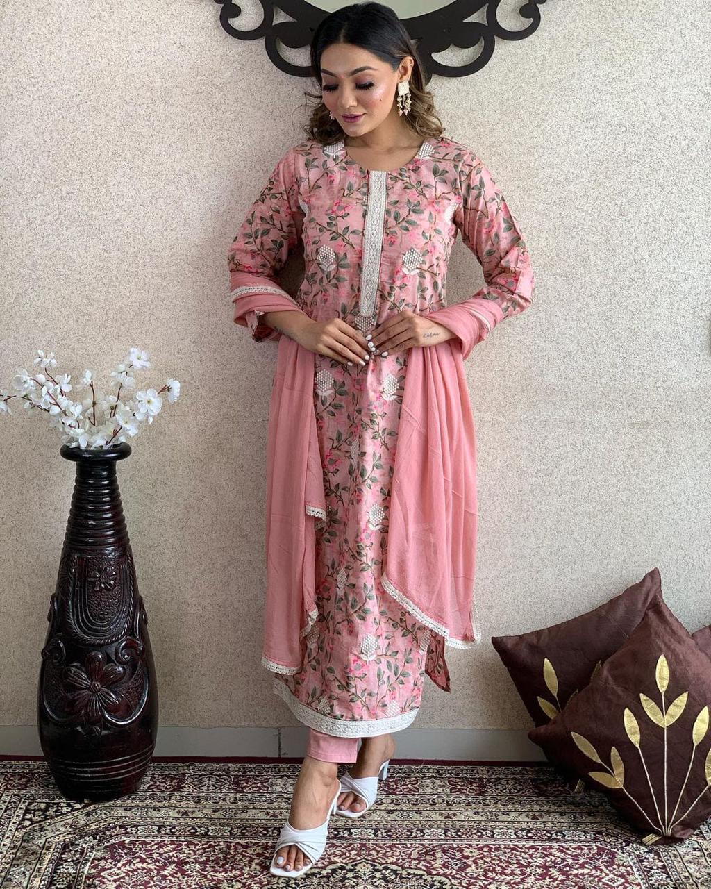 Pink Floral Lacework Cotton Kurta Set
