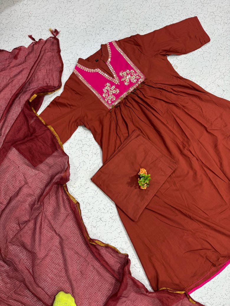 Rust Brown Embellished Kurta Set