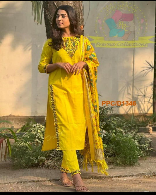 Yellow Embroidered Kurta Set with Madhubani Dupatta