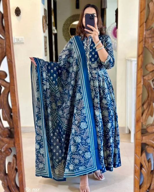 Blue Front Slit Cotton Printed Kurta Set
